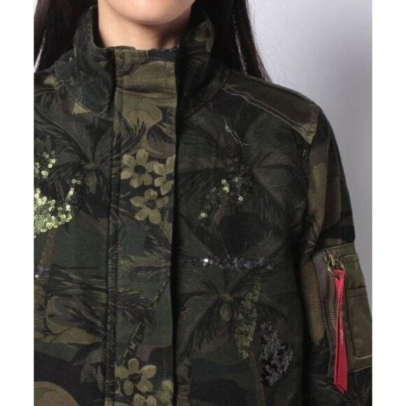 NWT Desigual cotton green & black tropical print camouflage sequined jacket, XS - Picture 7 of 16